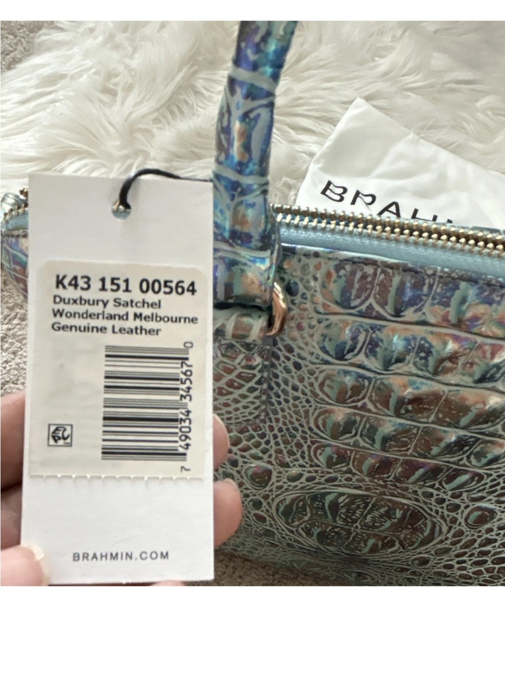 Brahmin wonderland Iridescent Aqua Blue Croc-Embossed Duxbury Satchel - Picture 7 of 8